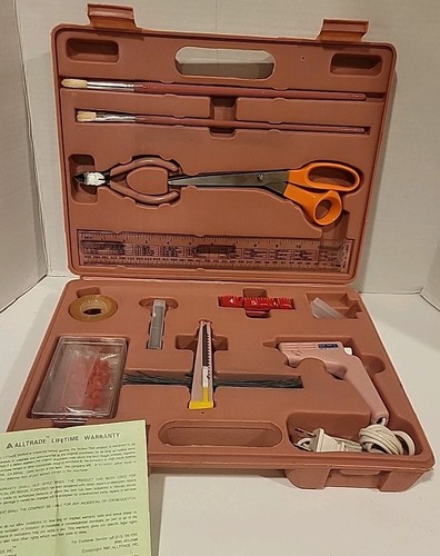 Vintage Art Box Carrying Case Plastic + 13 Tools Brushes Scissor Glue Gun Pliers