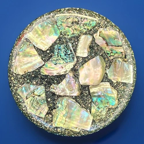 Abalone Shell In Resin Trivet Coaster Mosaic Beach Decor Handmade 1970’s 6.75”