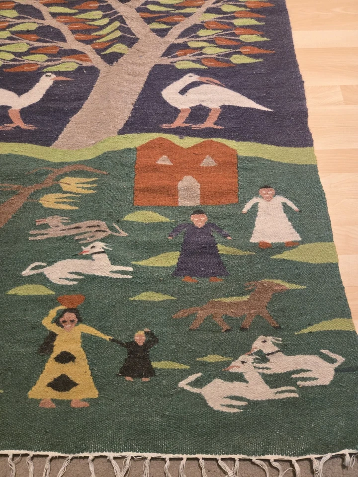 Vintage Hand Woven Egyptian Pictorial Wall Hanging Wool Tapestry Kilim Rug  - Image 3 of 4