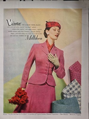 1952 Women's Pink suit Vicara Fiber Milliken Fabric Vintage Fashion ad