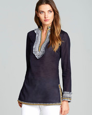 Tory Burch Womens 0 Navy Embroidered Chiffon Silk V-Neck Long Sleeve Tunic