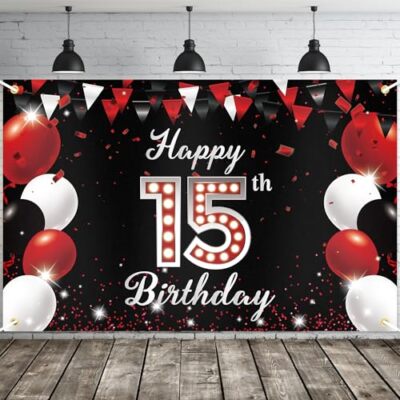 15. Geburtstag Banner 185x90 Cm – Rot-schwarzes Vintage Design Für Geburtstagsdeko & Fotohintergrund