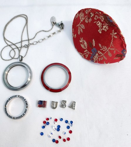 Origami Owl Silver Twist Locket Necklace Border Patriotic 4 Charm & 28 Crystals - Picture 2 of 9