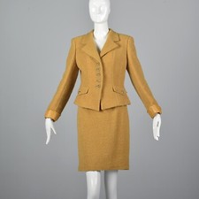 M Emanuel Ungaro Parallele Boucle Wool Tweed Skirt Suit Mustard Yellow Fitted