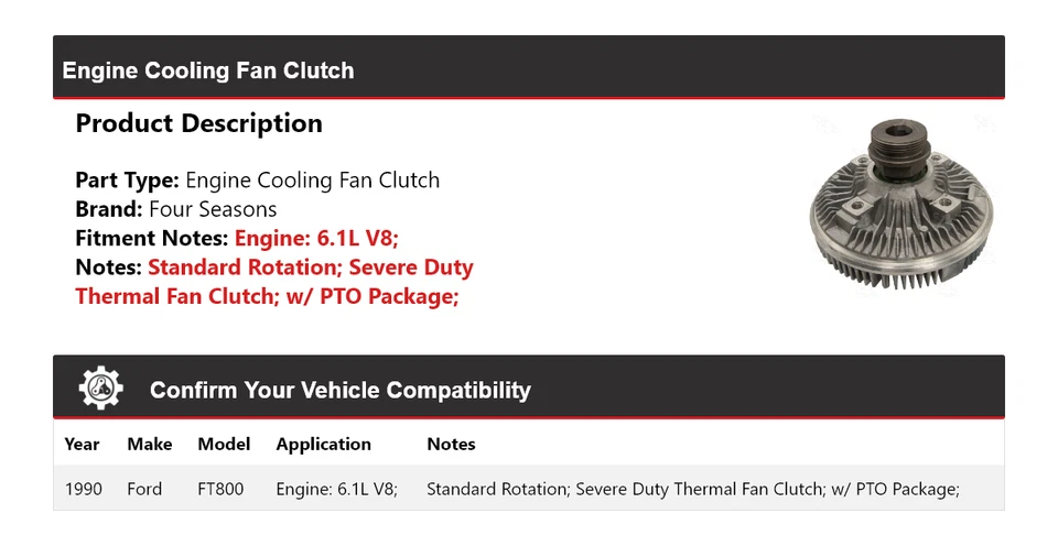 Ford FT800 1990 6,1 L V8 motor ventilador embrague 4 estaciones Foto 2 de 4