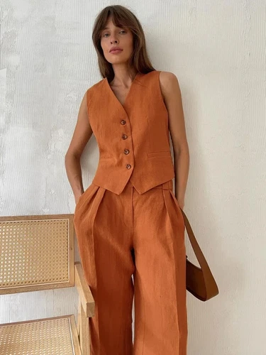Women's Linen Cotton Vest and Pants Fashionable Summer Two-piece Set - Picture 4 of 25