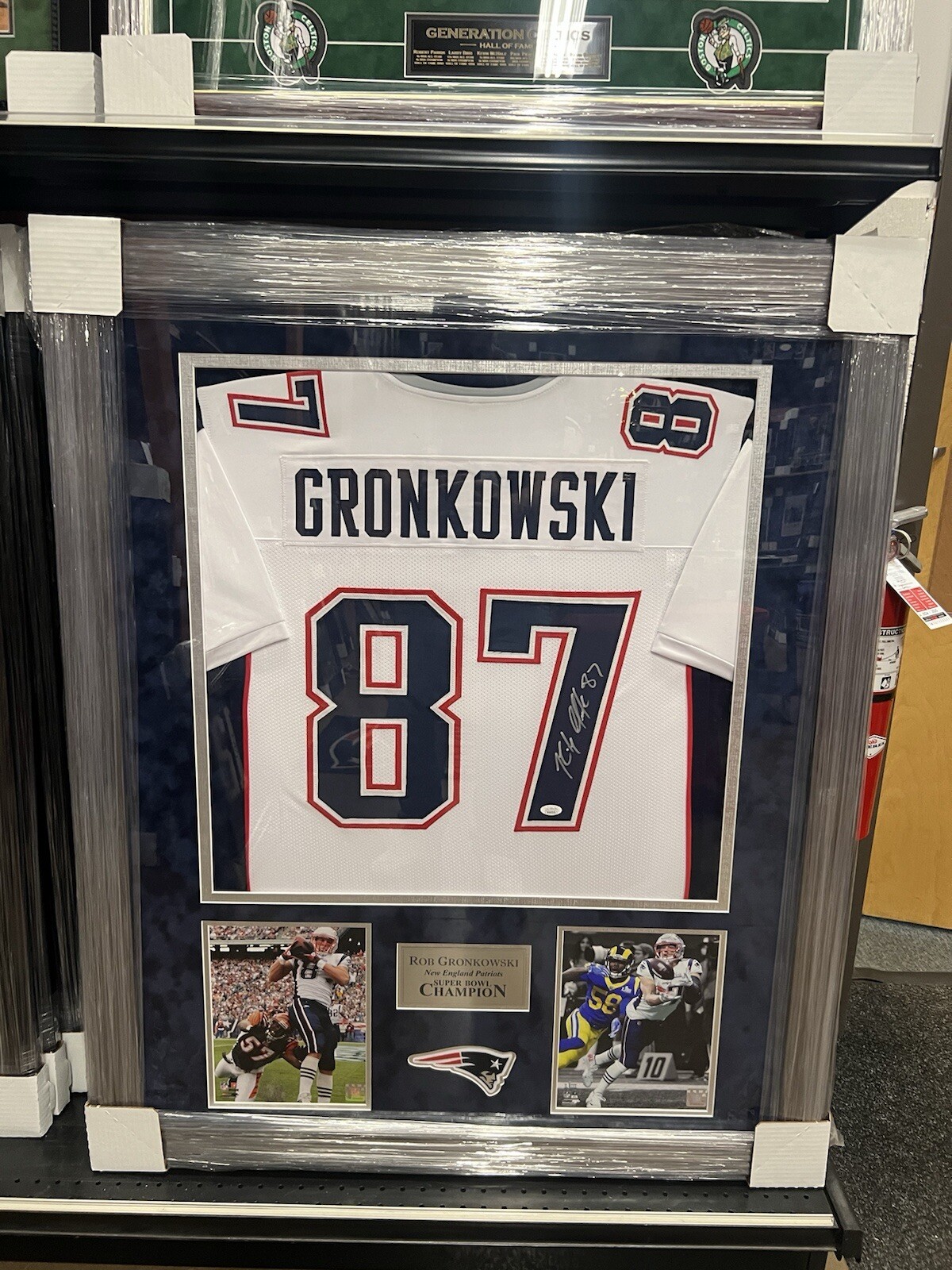 Rob Gronkowski Autographed Signed New England Patriots Custom Framed Patriots Jersey 32x40 JSA Certified 
