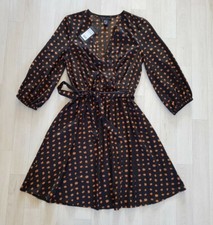 NEW LOOK size 6 black WRAP OVER DRESS mini V-NECK brown PARTY summer BELT