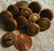 12 Light Brown PLASTIC Shank Buttons Brassy METAL Center Almost 5/8" 15mm 4895