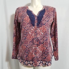 Rebecca Malone Women's Large Long Sleeve Button Shirt Blouse Top Crochet Front