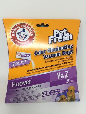 2 Bags + Scent Pak Arm & Hammer Odor Eliminating Vacuum Bags Hoover Y Pet Fresh