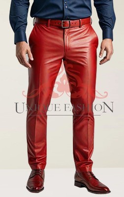 Leather Pants Men's Red Pant Dress Pocket Style Biker Trouser Motorcycle Skinny