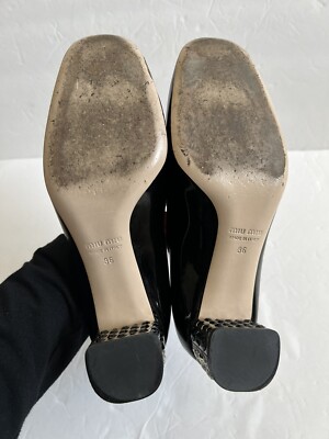 MIU MIU EMBELLISHED JEWELED CRYSTAL HEEL BLACK PATENT LEATHER