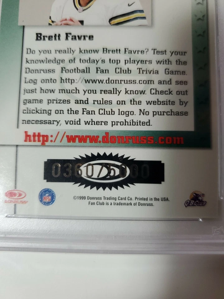 1999 Donruss Brett Favre FAN CLUB GOLD/ 5000 #FC4 graded PSA 9 POP 2 NONE HIGHER - Image 3 of 3