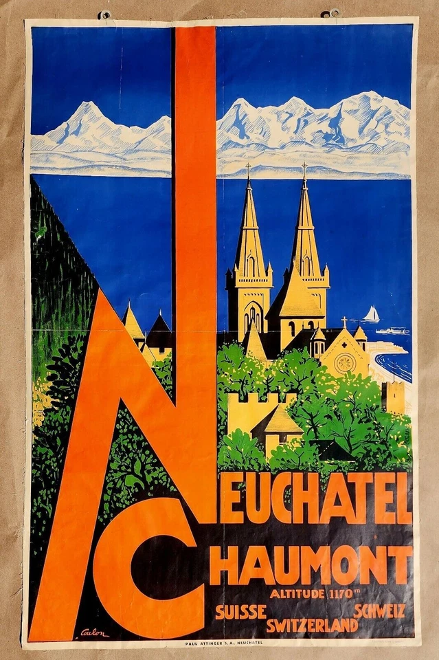 PÓSTER SUIZO DE LA DÉCADA DE 1930 - NEUCHATEL CHAUMONT - OBRA DE ARTE SUISSE MOUNTAIN LAKE TRAVEL Foto 2 de 4