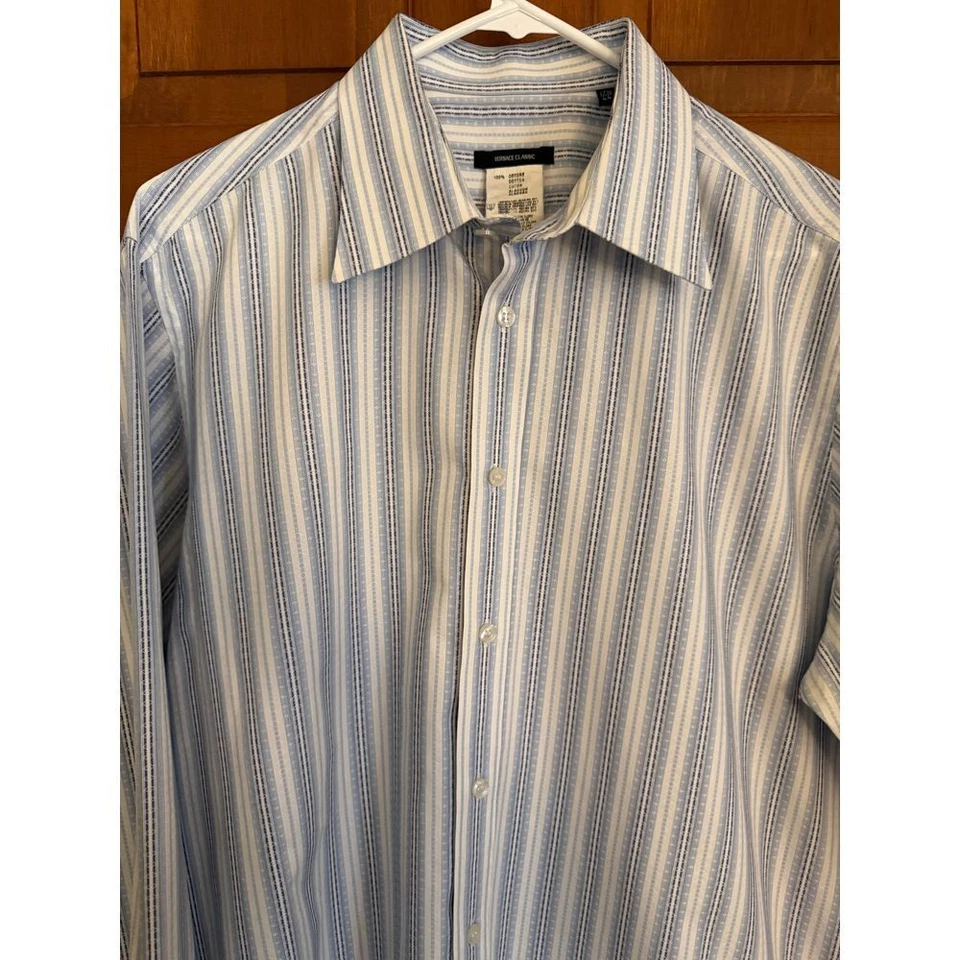 Camisa de vestir clásica Versace para hombre 17,5/44 azul 100 % algodón manga larga texturizada Foto 2 de 4