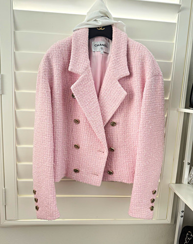 CHANEL Pink Double-Breasted Short Blazer Jacket Lined Button Front Size 40