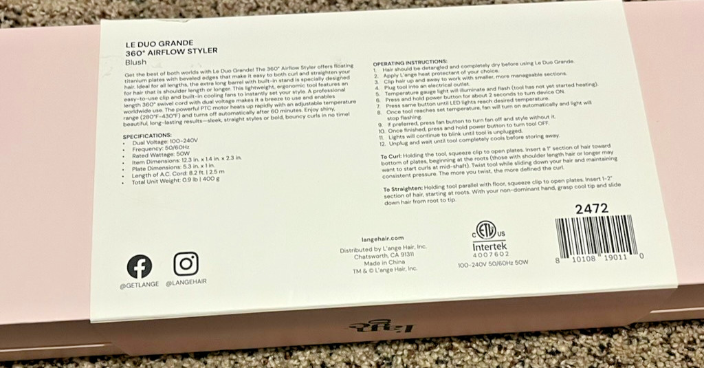 L'ange Le Duo Grande 360° Airflow Styler - Blush Pink Open Box New