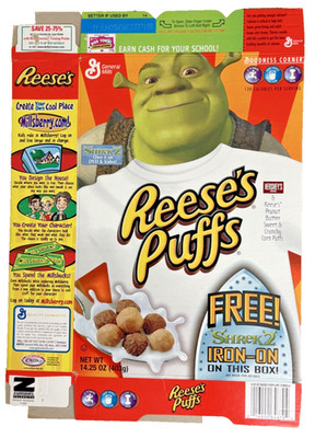 2004 Shrek 2 Movie & Collectible Iron-On General Mills Reese's Puffs Cereal Box