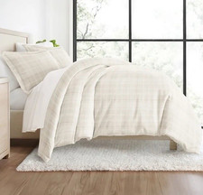 Full Queen 3 Piece Duvet Cover Set Beige Grid Microfiber 2 Shams New