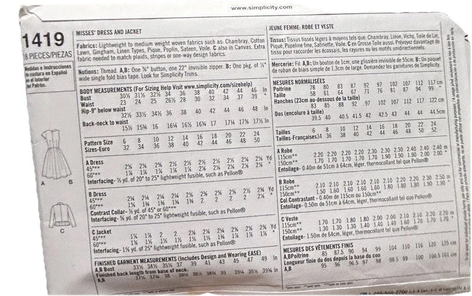 SIMPLICITY Lisette UNCUT Sewing Pattern 1419 Size 6-14 Misses Dress Jacket NEW - Image 2 of 4