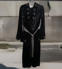 Womens Gothic Black Velvet Hooded Robe Spider Web Trim Halloween Costume Sz M EC