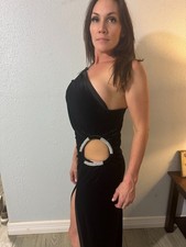 Fashion Nova Black Velvet Gown One Shoulder Rhinestone Cut-Out Long Dress L
