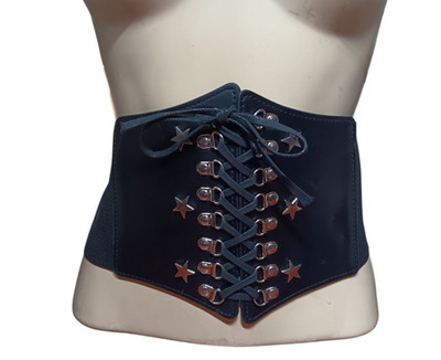 Goth Corset Belt Wide Faux Leather and Elastic Lace Up with Star Studs 32'' Waist