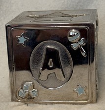 Leonard Letter Block Piggy Bank ABC Cube VINTAGE Baby Silver Plated Coins 3  