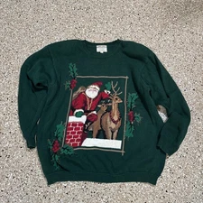 VTG Susan Bristol Christmas Sweater Womens Santa Reindeer XL 1995 HAS WEAR READ!