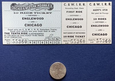 ENGLEWOOD AND CHICAGO 10 RIDE TICKET BLUE WHITE C&WI RAILROAD TRAIN STUB #55360 