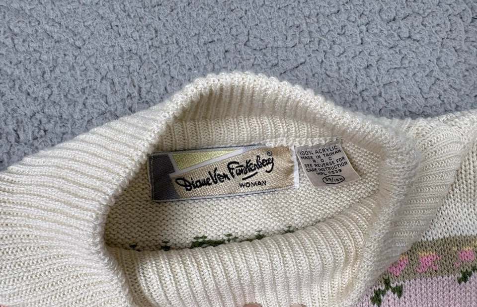 Suéter De Colección Diane Von Furstenberg Para Mujer 18 Rosa Blanco Floral Cottagecore Años 80 Foto 2 de 4