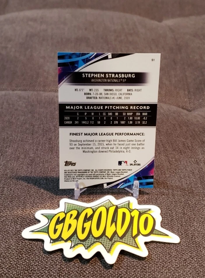 2021 TOPPS FINEST STEPHEN STRASBURG ROSE REFRACTOR SSP # /75-NATIONAL WS MVP - Image 2 of 3