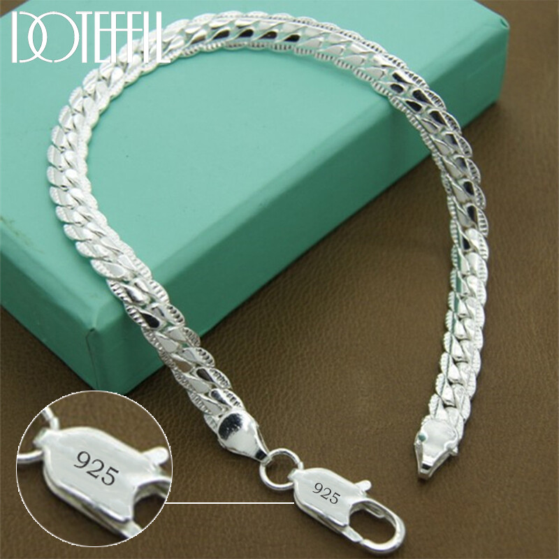 925 Sterling Silver Bracelet 6Mm Flat Side Chain Lobster Clasp