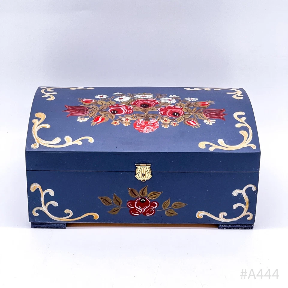 Vintage Truhe aus Holz mit floralem Dekor, handgemalt Blau | 26x17cm - Bild 3 von 4