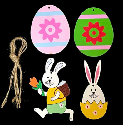 Happy Easter Set of 4 Wood Pastel Colors Home Wall Hanging Decor Bunnys Eggs