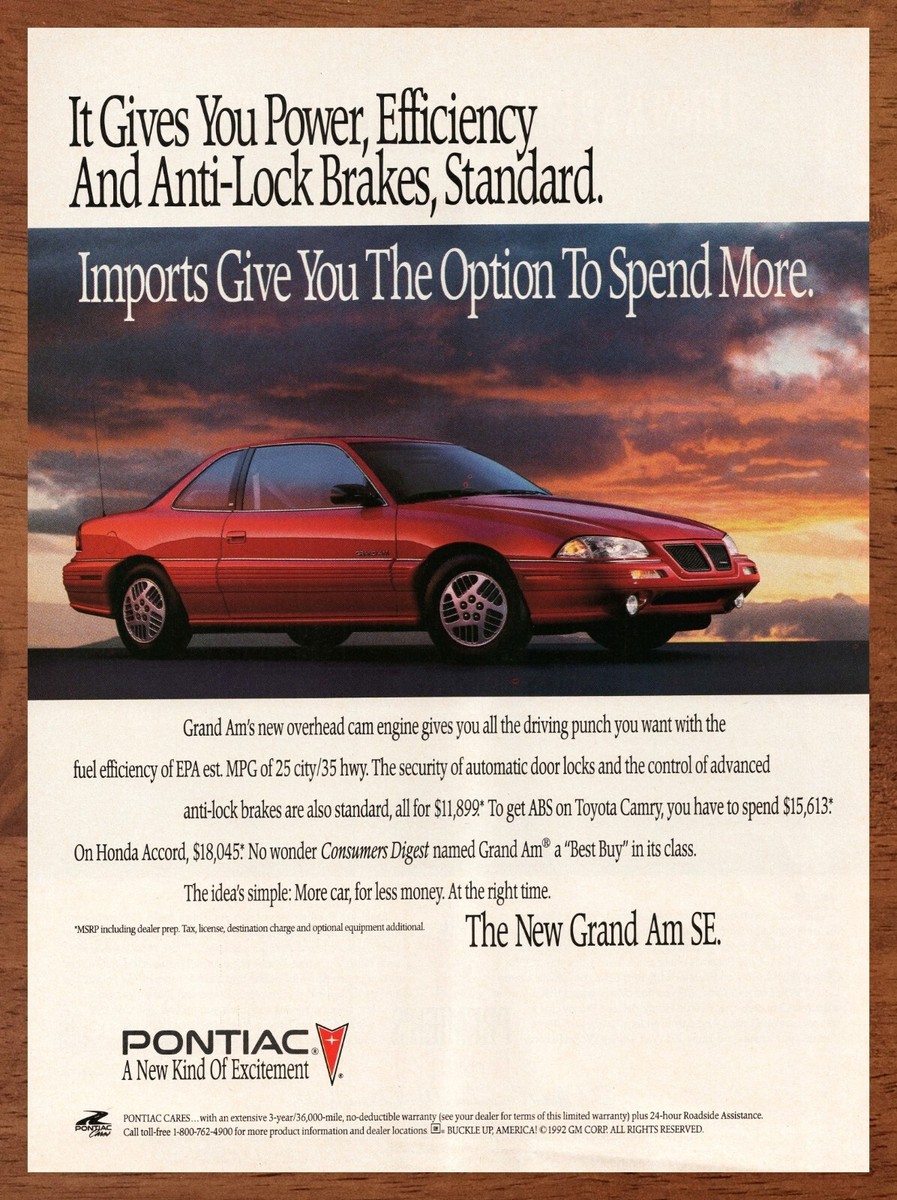 1992 Pontiac Grand Am SE Vintage Print Ad/Poster Retro Car Man 
