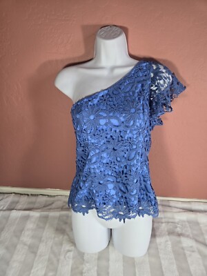 Nordstrom DEVLIN Sky Blue Thick Crochet Lace Floral One shoulder Top Size M NWT