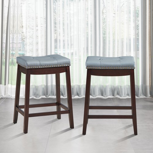 Giantex 2PCS Saddle Bar Stools Nailhead Pub Counter Stool Rubber Wood Legs 64CM - Picture 4 of 24