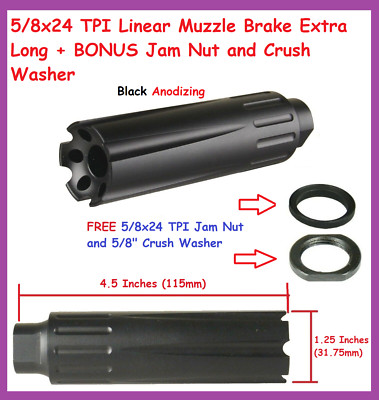 5/8x24 TPI Linear Muzzle Brake Extra Long + BONUS Jam Nut and Crush Washer