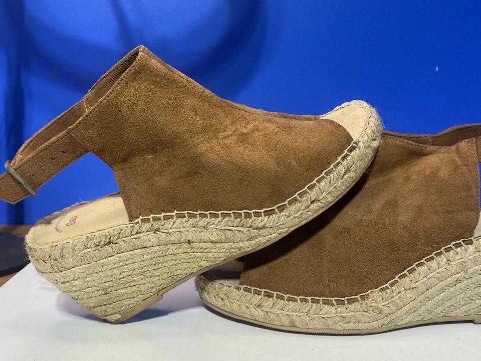 Gap Women's Brown Cognac Suede Leather Ankle Strap Espadrille Wedge Sandals 7 - Image 3 of 4