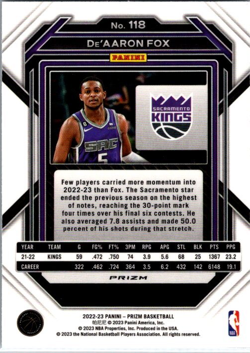 2022-23 Panini Prizm De'Aaron Fox Card #118 silver Ice Sacramento