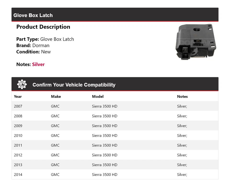 For 2007-2014 GMC Sierra 3500 HD Dorman Glove Box Latch 2008 2009 2010 2011 2012 - Image 2 of 4