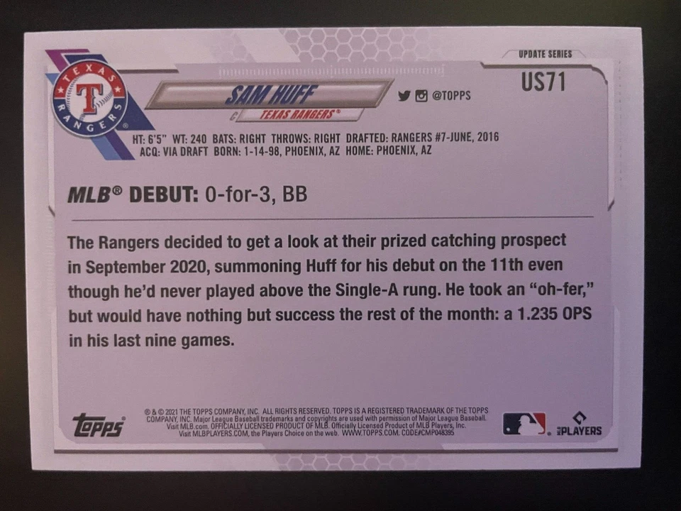 Sam HUFF 2021 Topps Update Series Rookie Debut #US71 Texas Rangers - Image 2 of 2