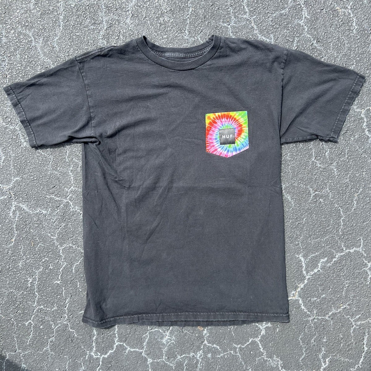 Black HUF Rainbow Tie Dye Pocket T Shirt Size Medium