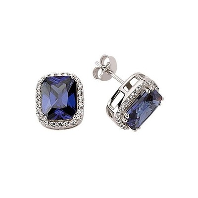 Silver Jewelco London Blue Emerald Cut CZ Halo Stud Earrings