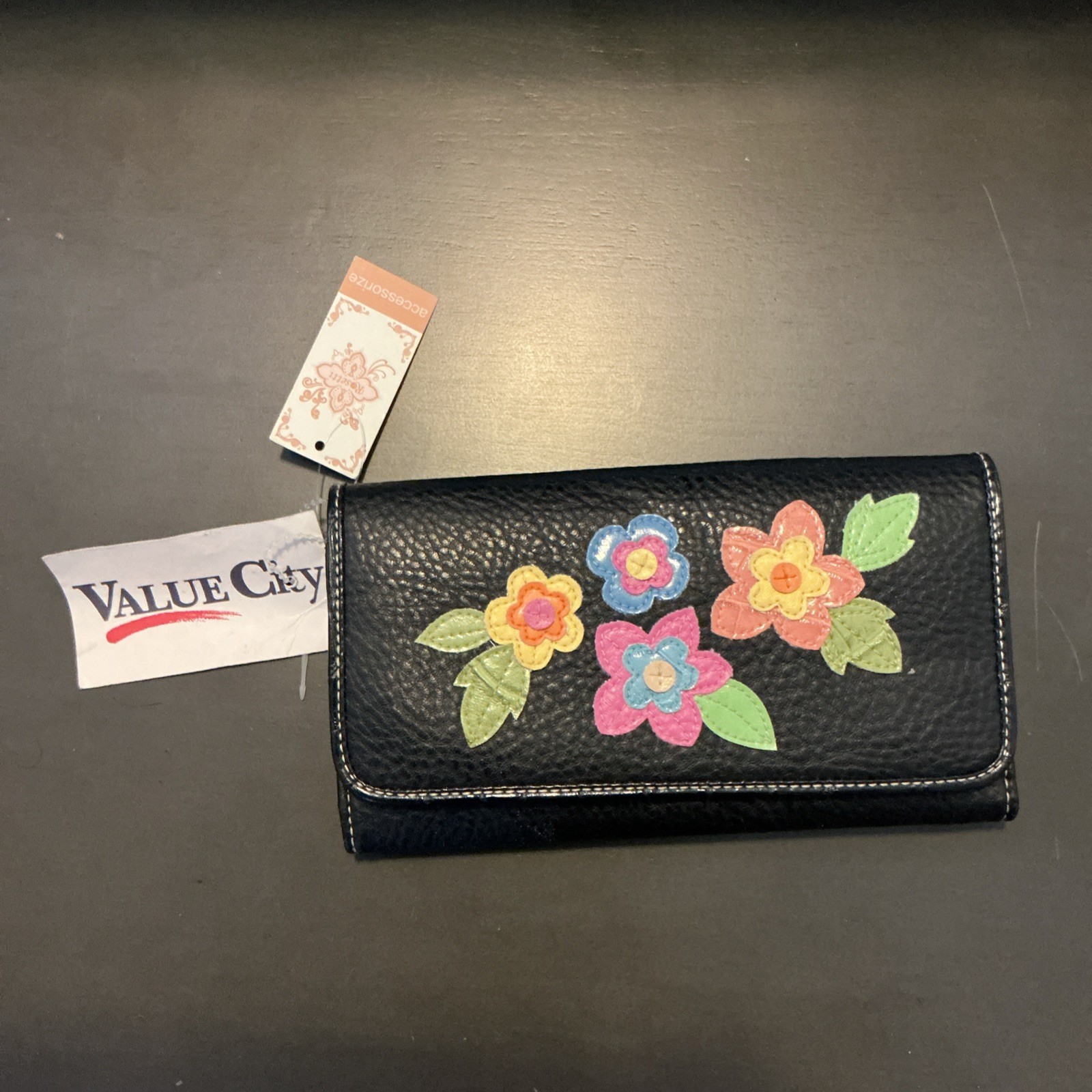 Black Wallet With Pink Blue Green Floral Flowers Snap Closure Checkbook Cover