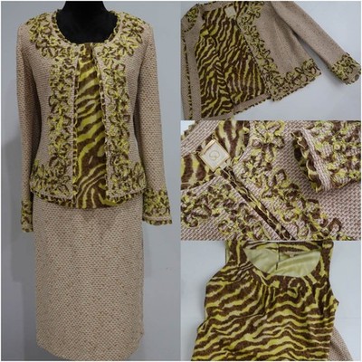 ST JOHN COUTURE BEIGE BROWN/ GOLD METALLIC 3 PC SUIT: JACKET SZ 12 + SKIRT SZ 1
