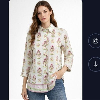 Mary Marshmallow Top Size M Button 3/4 Sleeve Pink Floral Pockets Cotton
