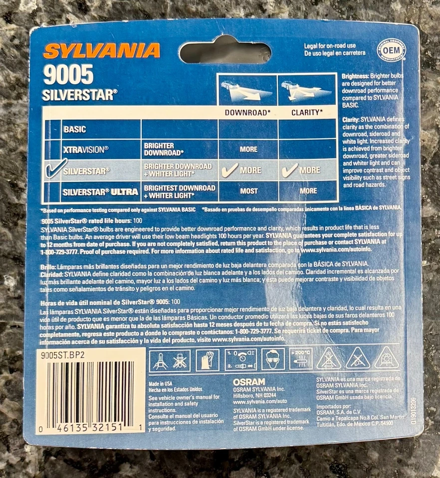 Brand New Sylvania 9005 SilverStar Halogen High Performance Headlight Bulbs 2Pk. Foto 2 de 2